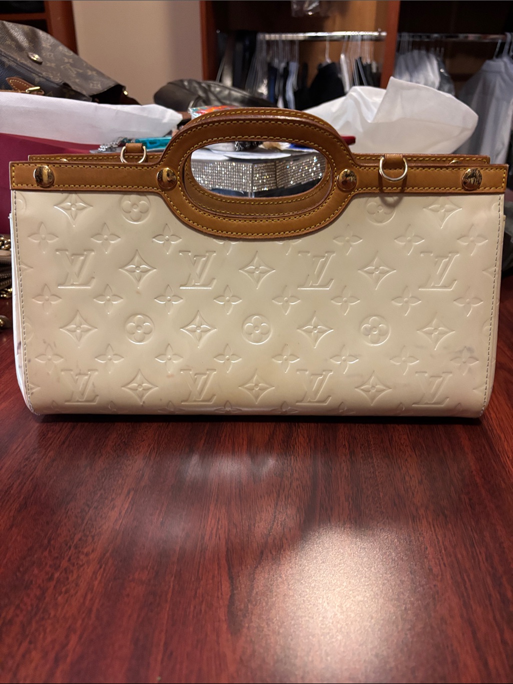 Louis Vuitton Cream Vernis Satchel With Brown Trim Handles